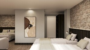 Ein modernes Schlafzimmer mit einem großen Bett, einem Wandbild und einer Ziegelwand als Blickfang.
