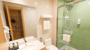 Een badkamer met een douche met glazen wand, een toilet en een wastafel met spiegel.