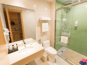 Ein Badezimmer mit einer Duschkabine, einer Toilette und einem Waschbecken mit Spiegel.