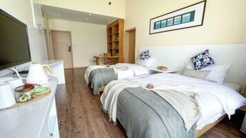 Habitación de hotel con televisión, escritorio con hervidor, dos camas, armario y estantería.
