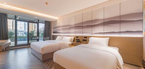 A hotel room with two beds, a large window with a city view, and a modern wall design. - Rezen Hotel Meiyo (Suining)