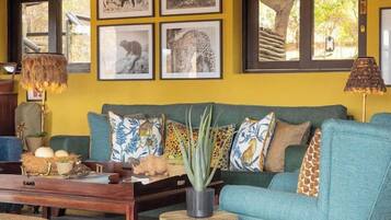 A room with a teal sofa, framed wildlife photographs, a wooden coffee table, and a hanging light fixture.