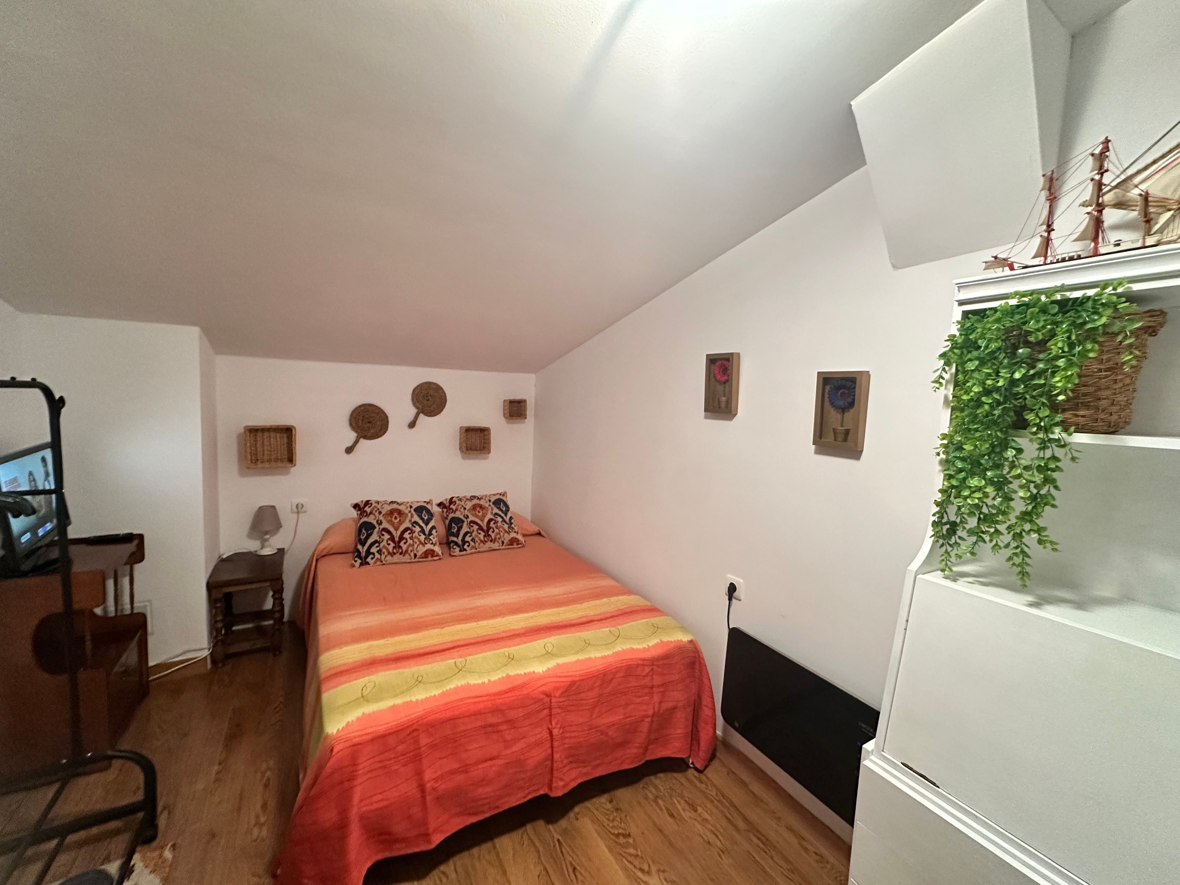 A bedroom with a bed, a desk, a chair, a shelf with a plant, and a wall with decorative items.