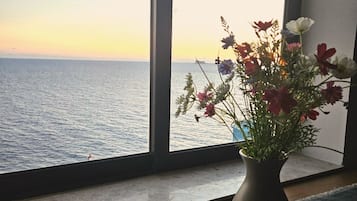 A room with a large window overlooking a body of water, a vase with flowers on a windowsill, and a textured rug on the floor.