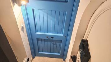 A blue door with a handle, a fire extinguisher mounted on the wall, and a metal grate on the floor.