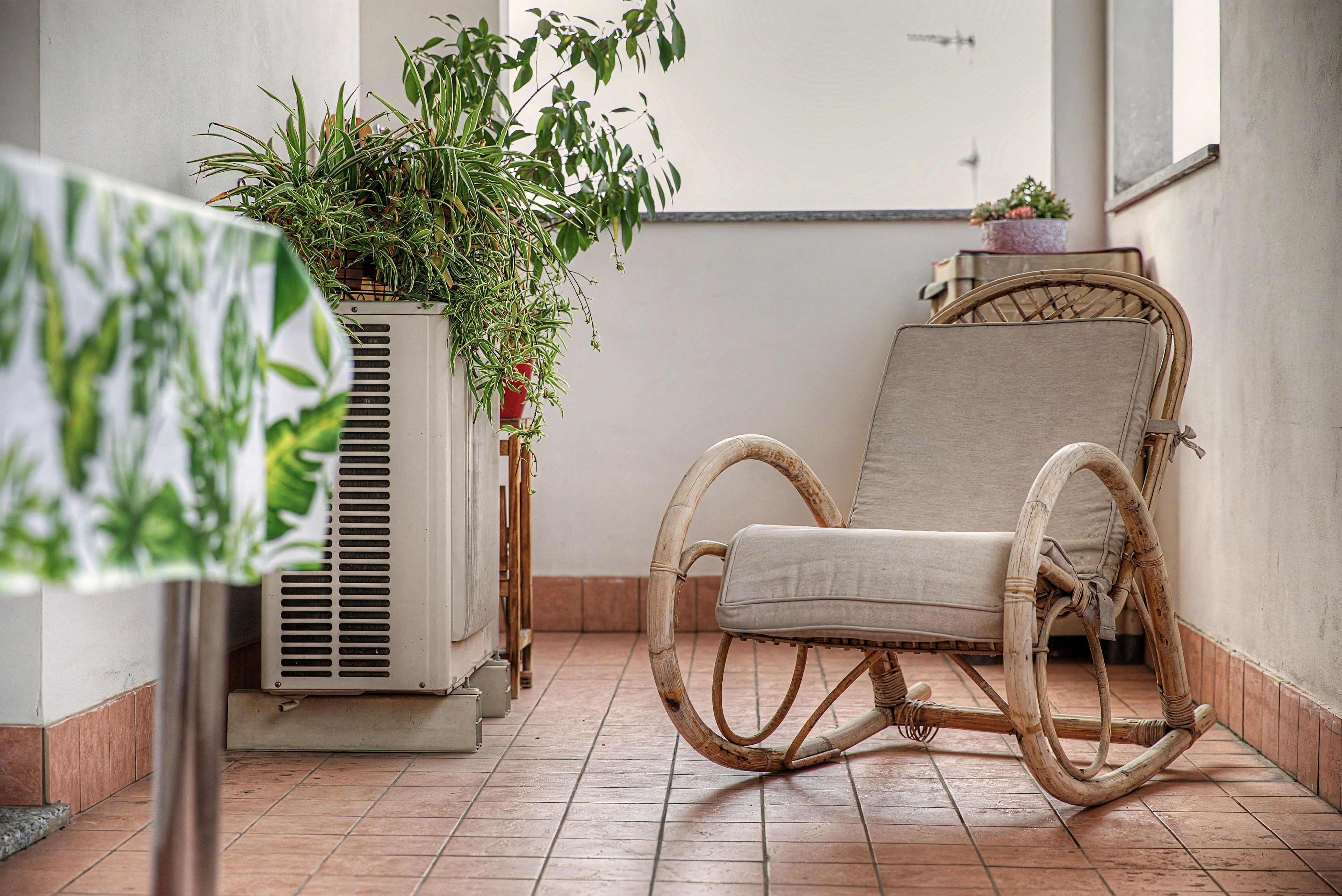 Une pièce avec un fauteuil en osier, une plante en pot et un radiateur.