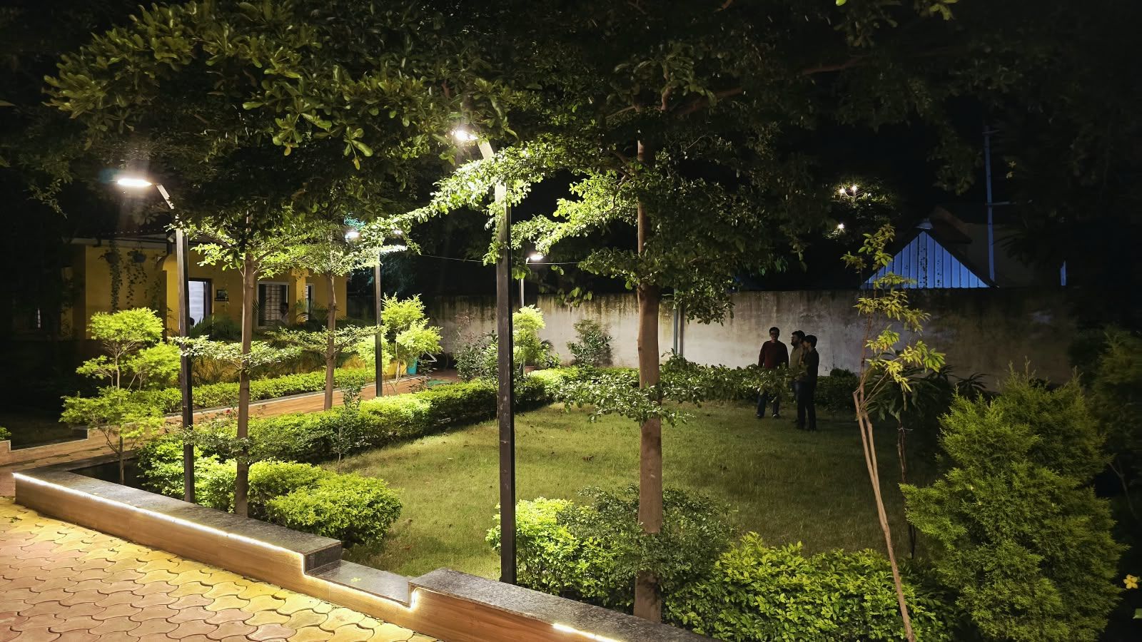 A well-lit outdoor area with a paved walkway, neatly trimmed bushes, and a group of people gathered near a wall.