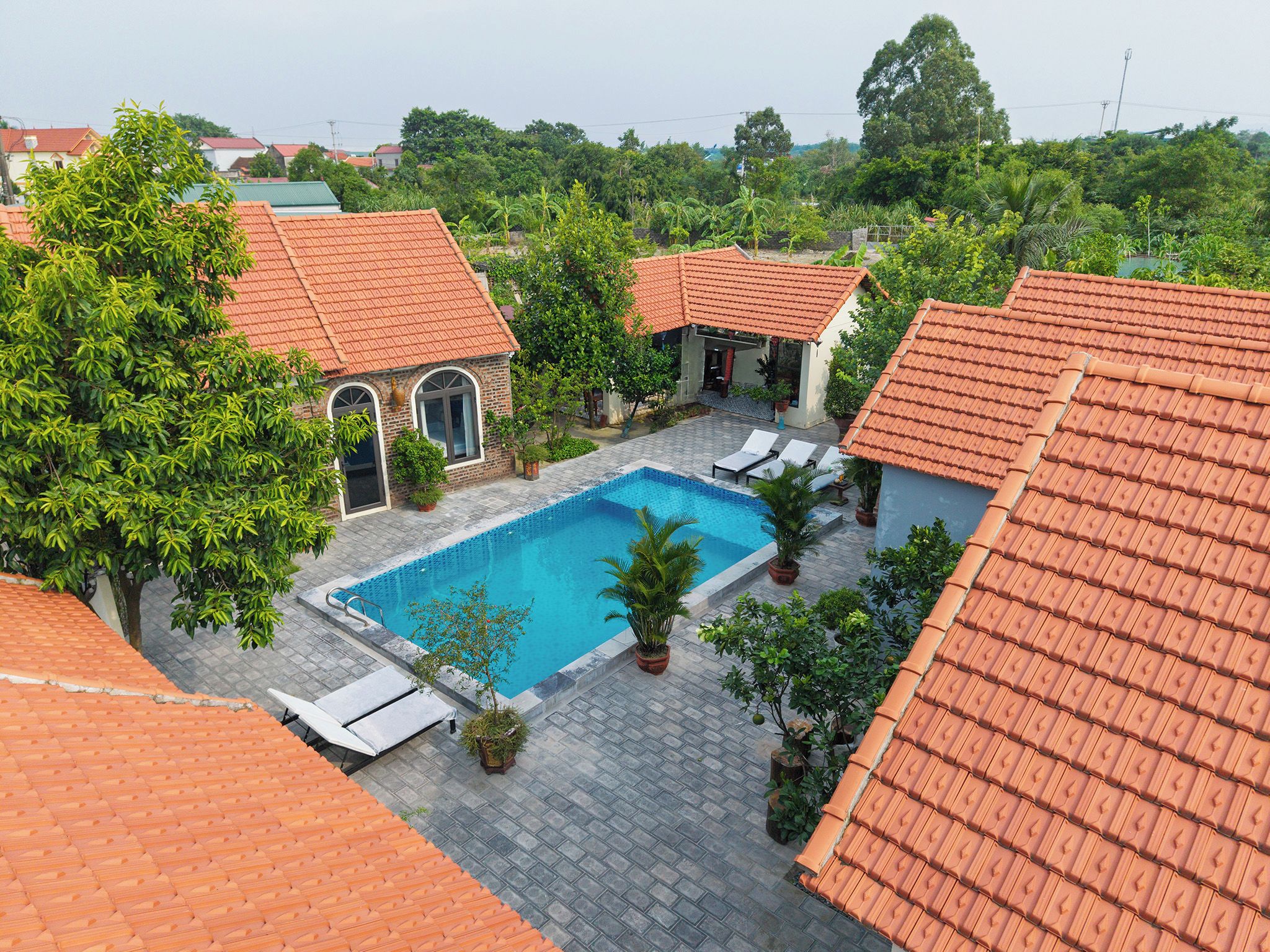 A residential area with a swimming pool surrounded by tiled roofs and potted plants.
