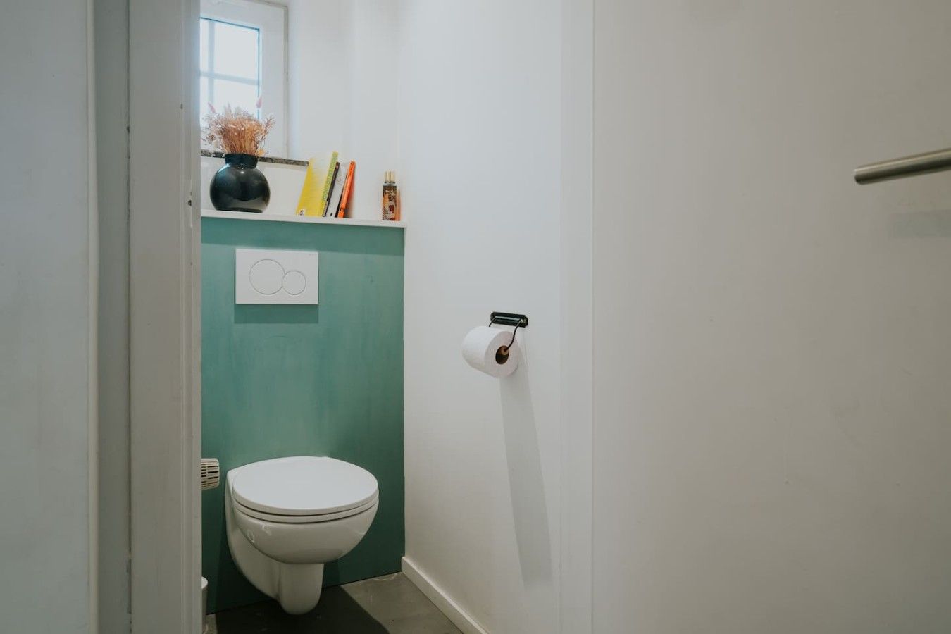 Une petite salle de bain avec des toilettes, une étagère avec des livres et un vase, et un porte-rouleau de papier toilette fixé au mur.