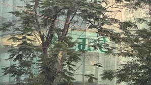 Vista de la calle con un edificio que tiene un letrero con escritura no latina, una señal de 'prohibido estacionar' y una escalera que lleva a la entrada.