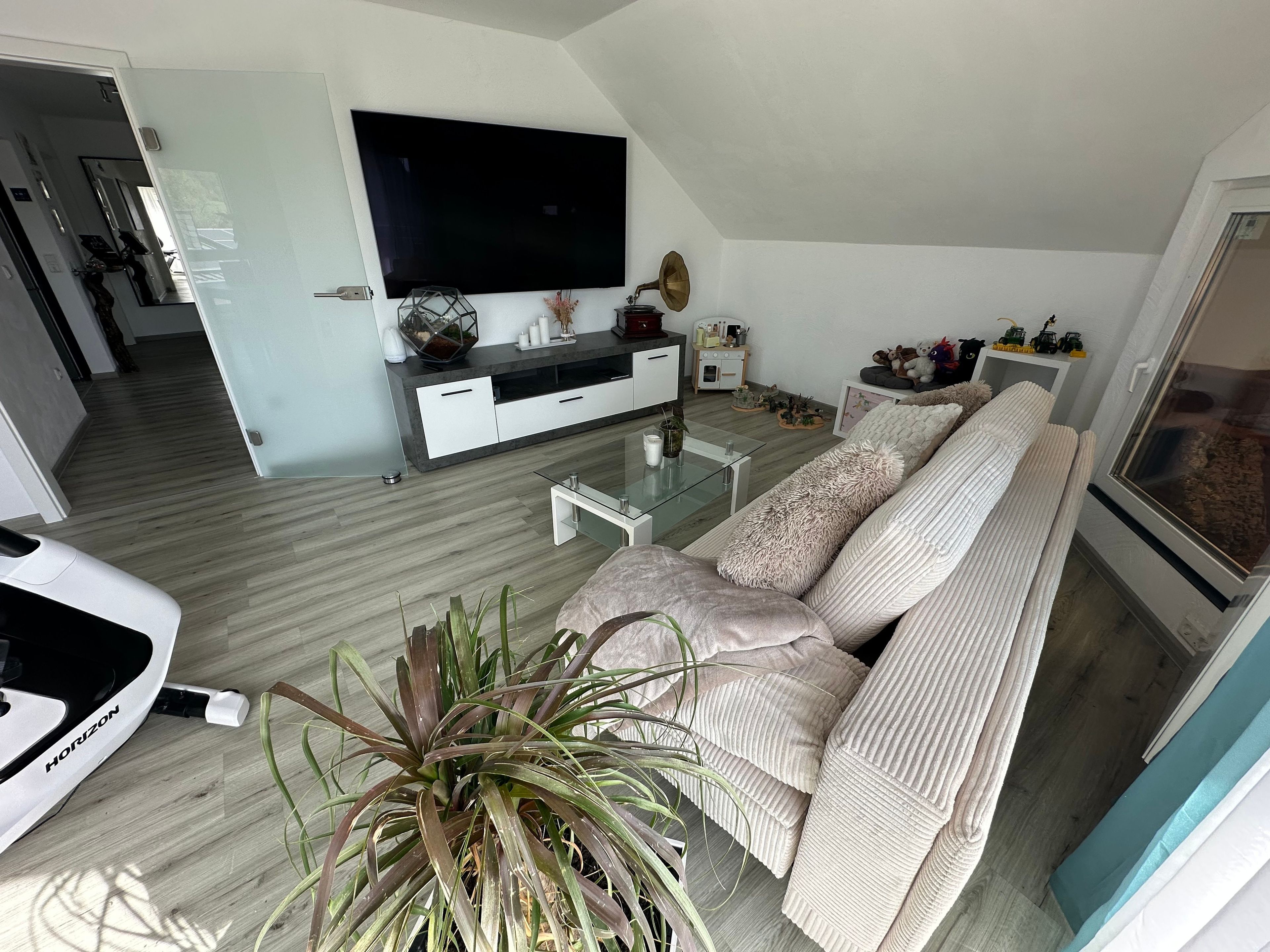 Un salon moderne avec un grand téléviseur à écran plat, un canapé, une table basse et une plante en pot.