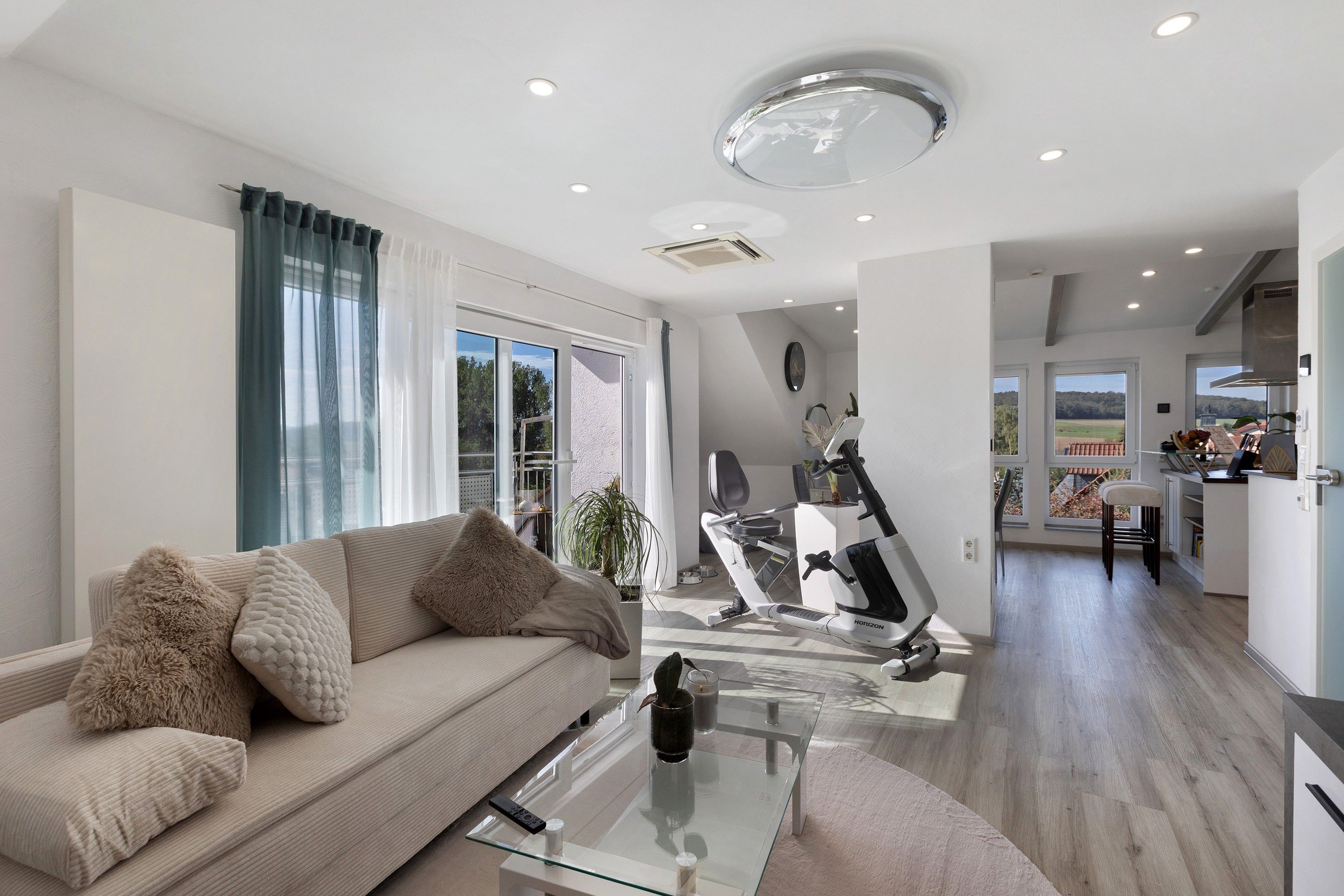 Un salon moderne avec un canapé, une table basse en verre et un vélo d’appartement.