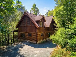 Una cabana de fusta amb un porxo i un camí d'entrada tancat per una valla, envoltada per un bosc dens.