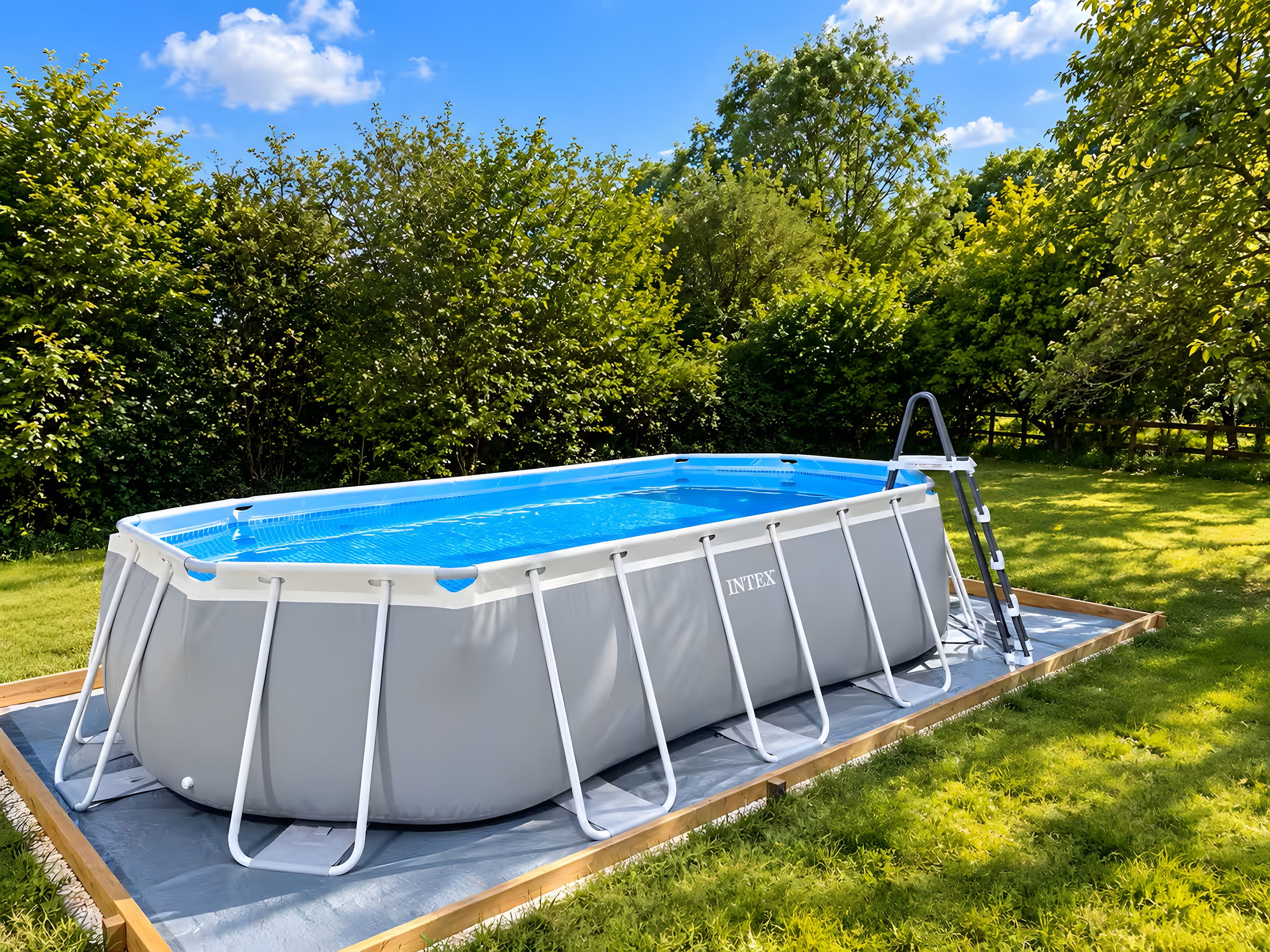 Una piscina elevada con una escalera, rodeada por una terraza de madera y césped.