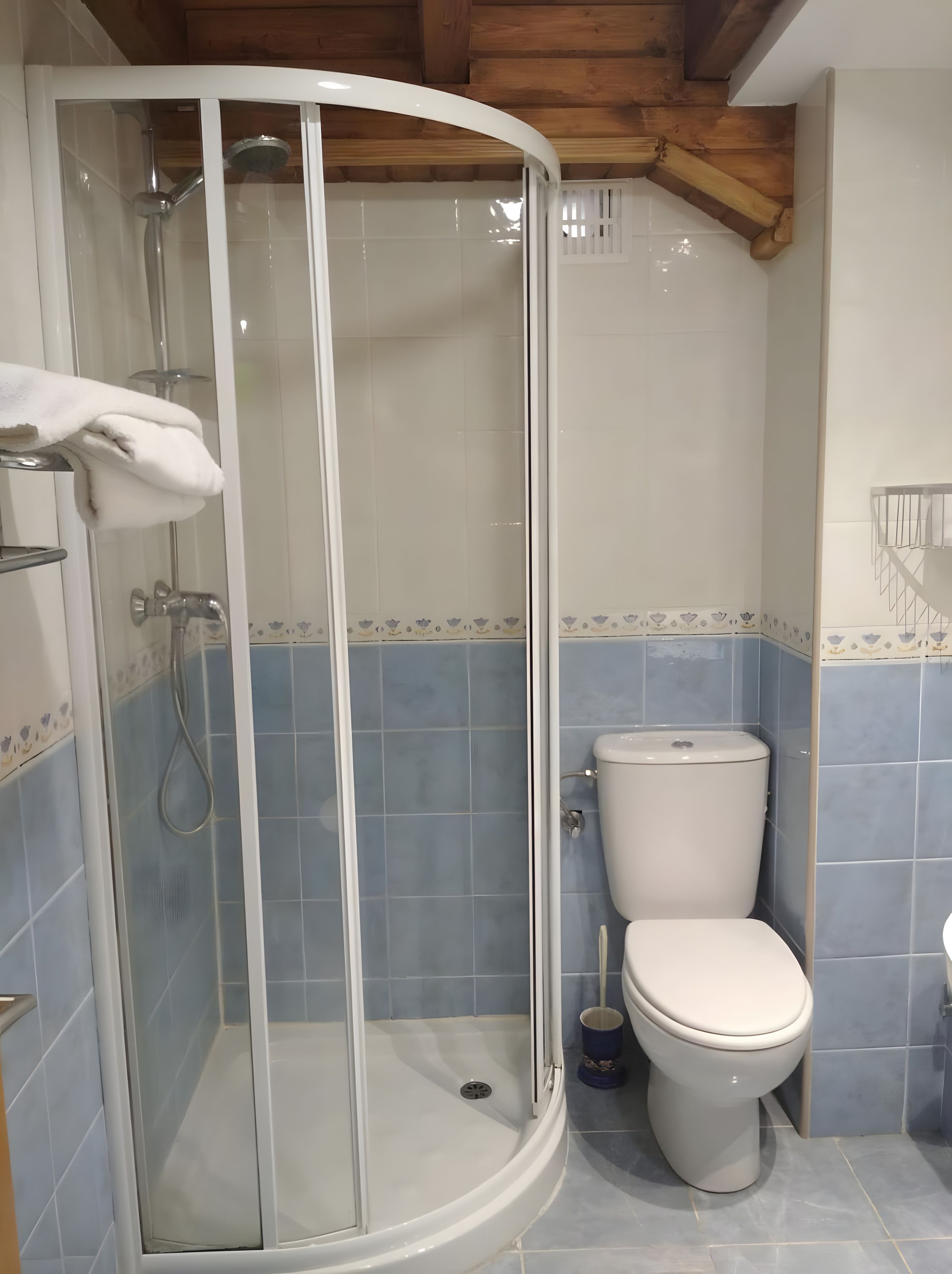 Un baño con ducha envuelta en vidrio, un inodoro y un lavamanos.