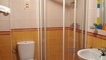Een badkamer met toilet, douche en wastafel.