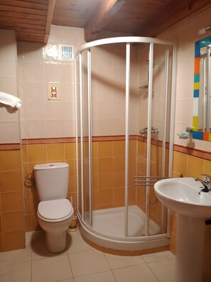 Een badkamer met toilet, douche en wastafel.