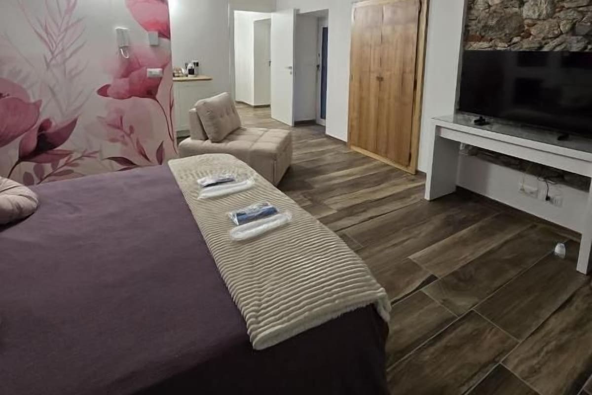 Un dormitorio con cama, televisor, armario de madera y baño al fondo.