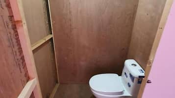 Un baño pequeño con inodoro blanco, cabina de ducha y pared rosa.