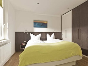 Ein Schlafzimmer mit Bett, Nachttisch, Gemälde und Kleiderschrank.