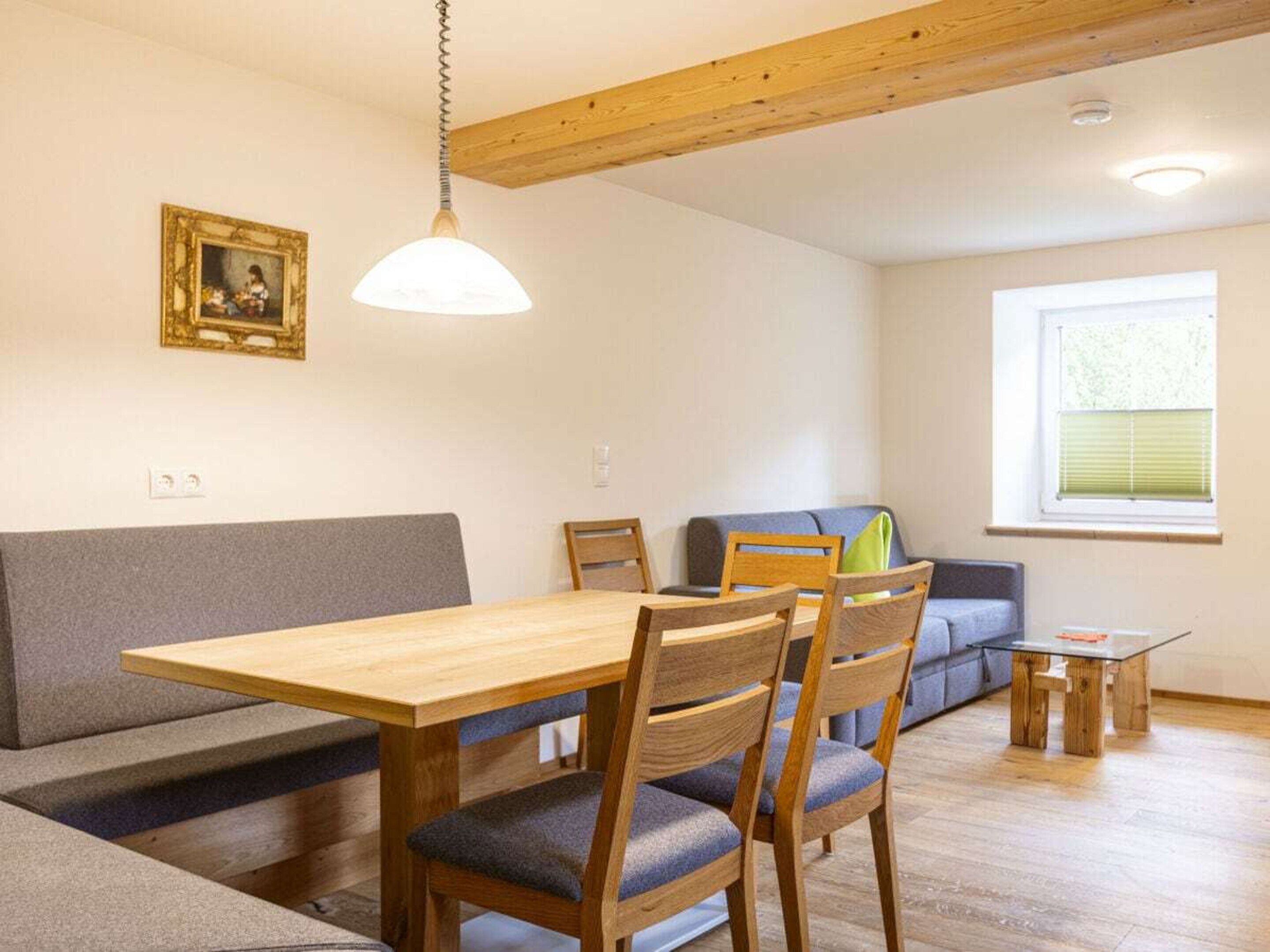Zona pranzo con tavolo e sedie in legno, un divano e un piccolo tavolino.