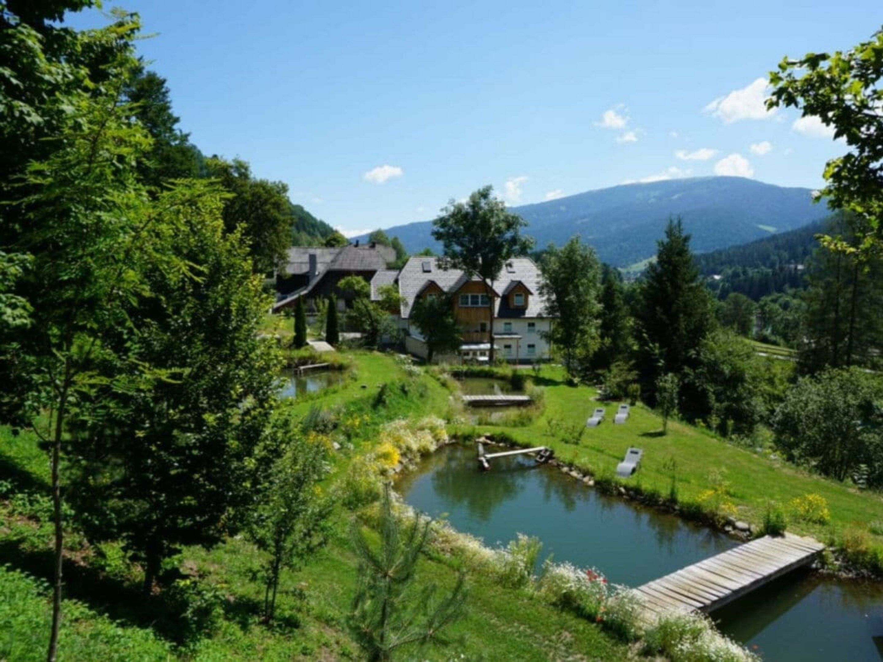 Una casa con un estanque, rodeada de vegetación y montañas.