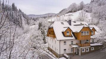 A two-story chalet with a sloped roof, surrounded by snow-covered trees and a mountainous backdrop.