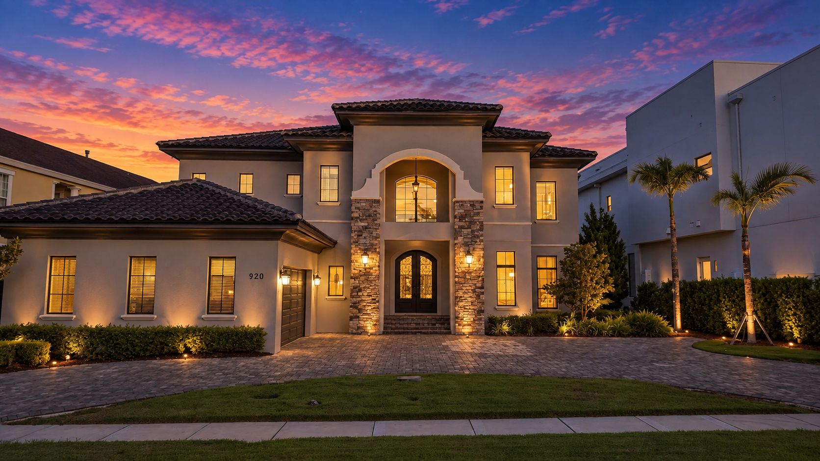 A two-story house with a stone facade, a large front door, and a driveway leading to the entrance.