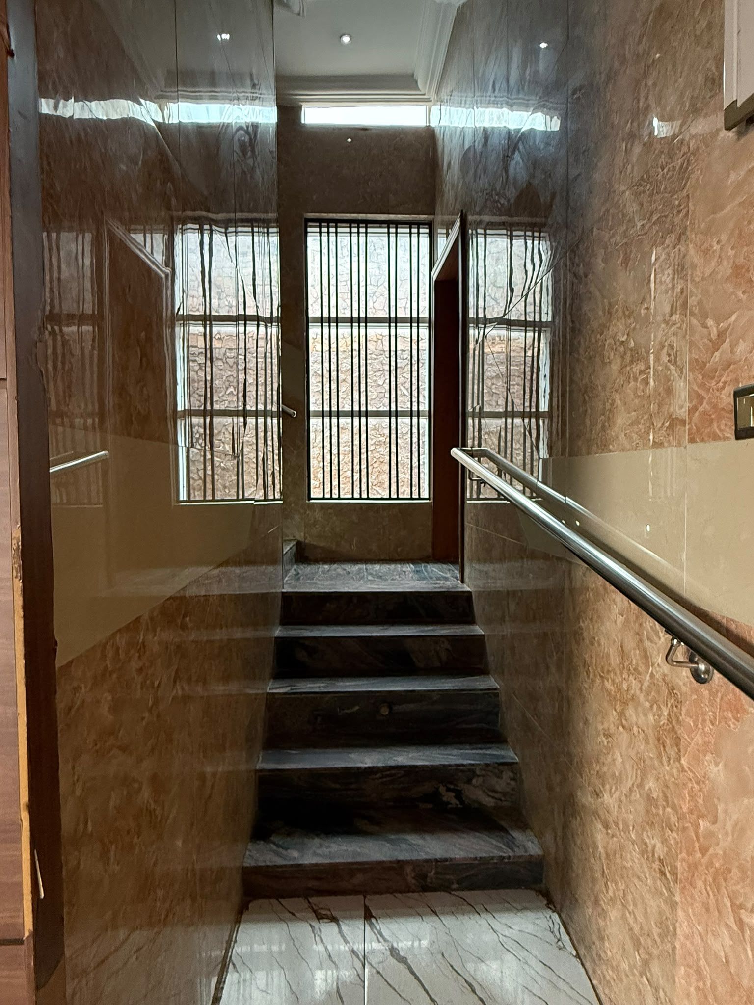 Un escalier en marbre avec des rampes en métal, menant à une porte aux fenêtres grillagées.