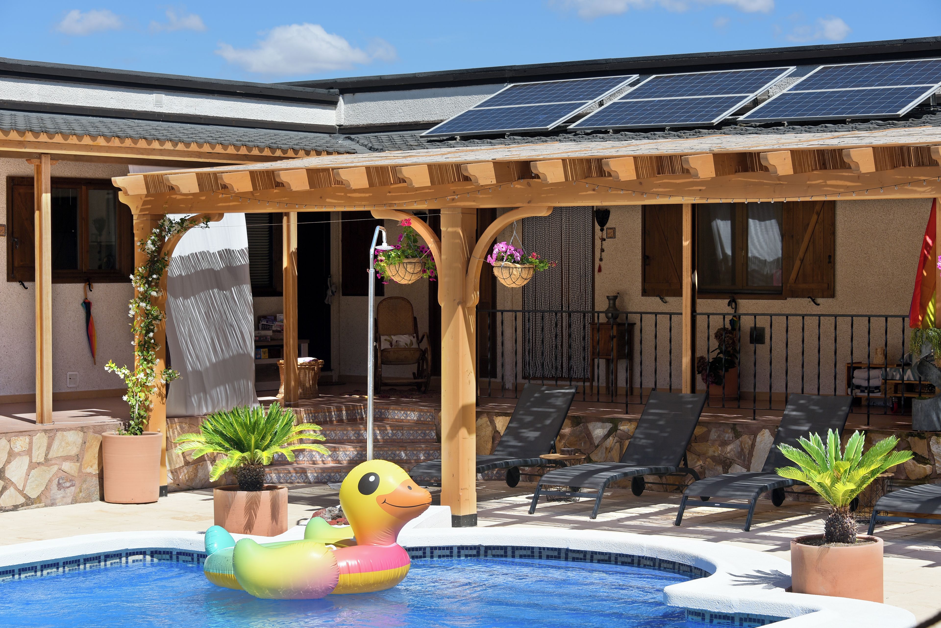 A pool area with a duck float, lounge chairs, and a pergola with solar panels.