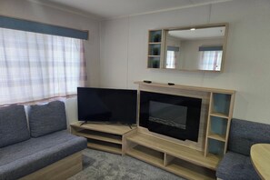 Una sala de estar con un televisor de pantalla plana, una chimenea y dos sofás grises.