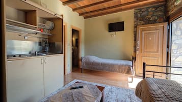 Ein kleines Zimmer mit einer Küchenzeile, einem Bett und einem an der Wand befestigten Fernseher.