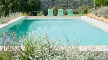 Una piscina rectangular con superficie de agua azul cristalina, rodeada por un muro de piedra bajo y abundante vegetación.
