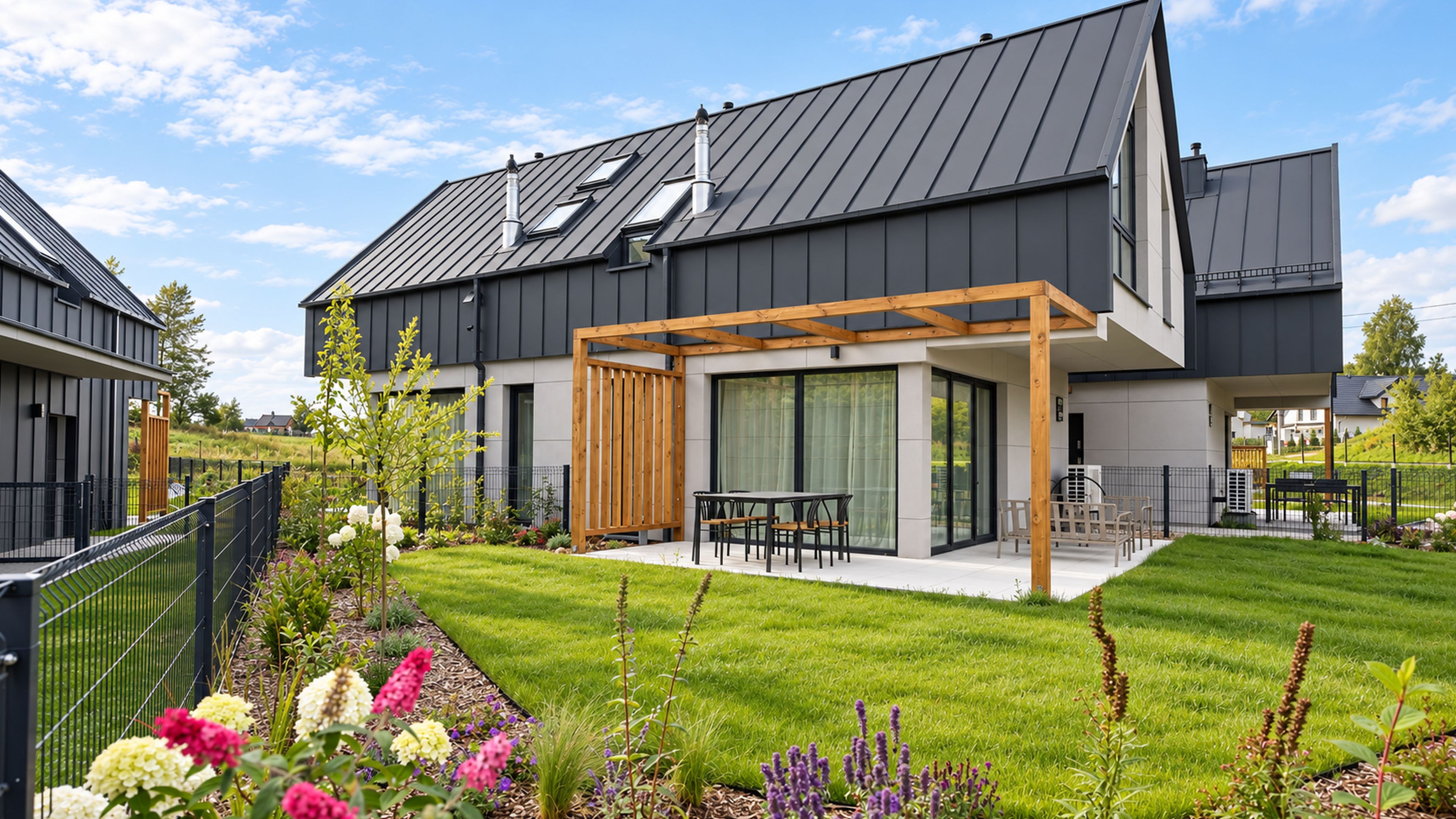 Une maison moderne dotée d’un patio couvert, d’une pelouse bien entretenue et de diverses plantes à fleurs.