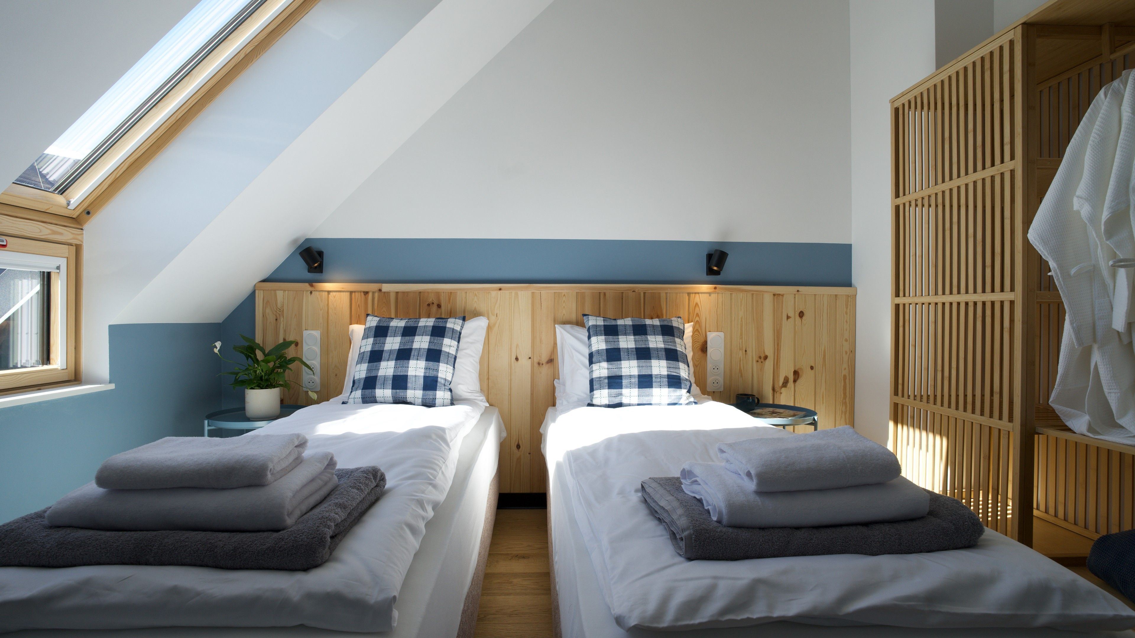 A room with two beds, a skylight, a wooden wardrobe, and a small table with a plant.
