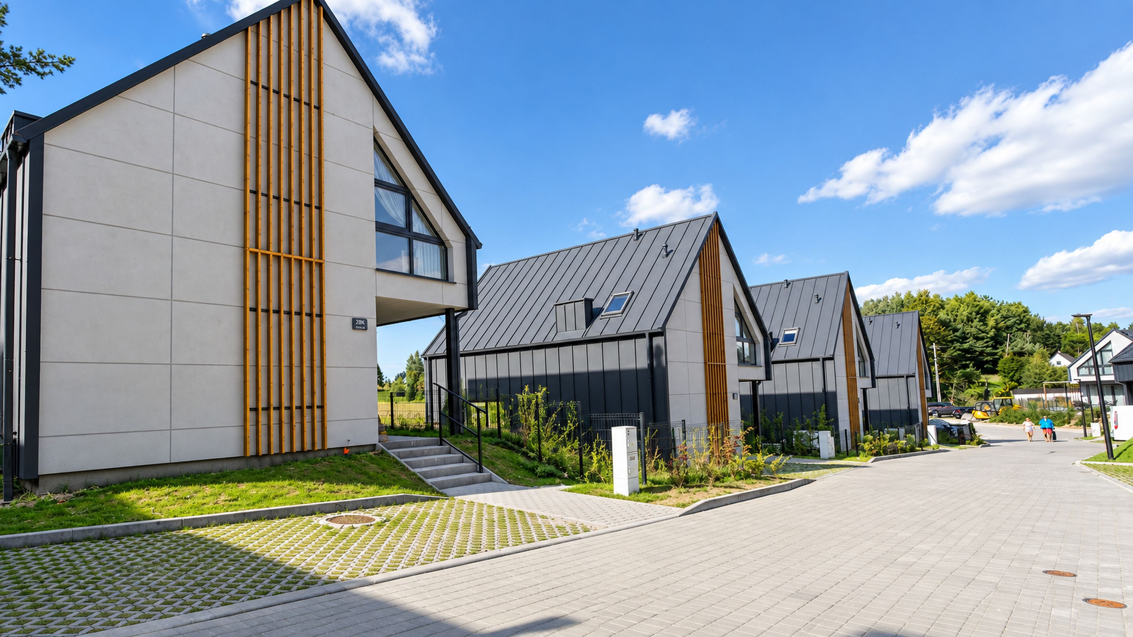 A modern residential area with contemporary houses featuring large windows and a paved walkway.