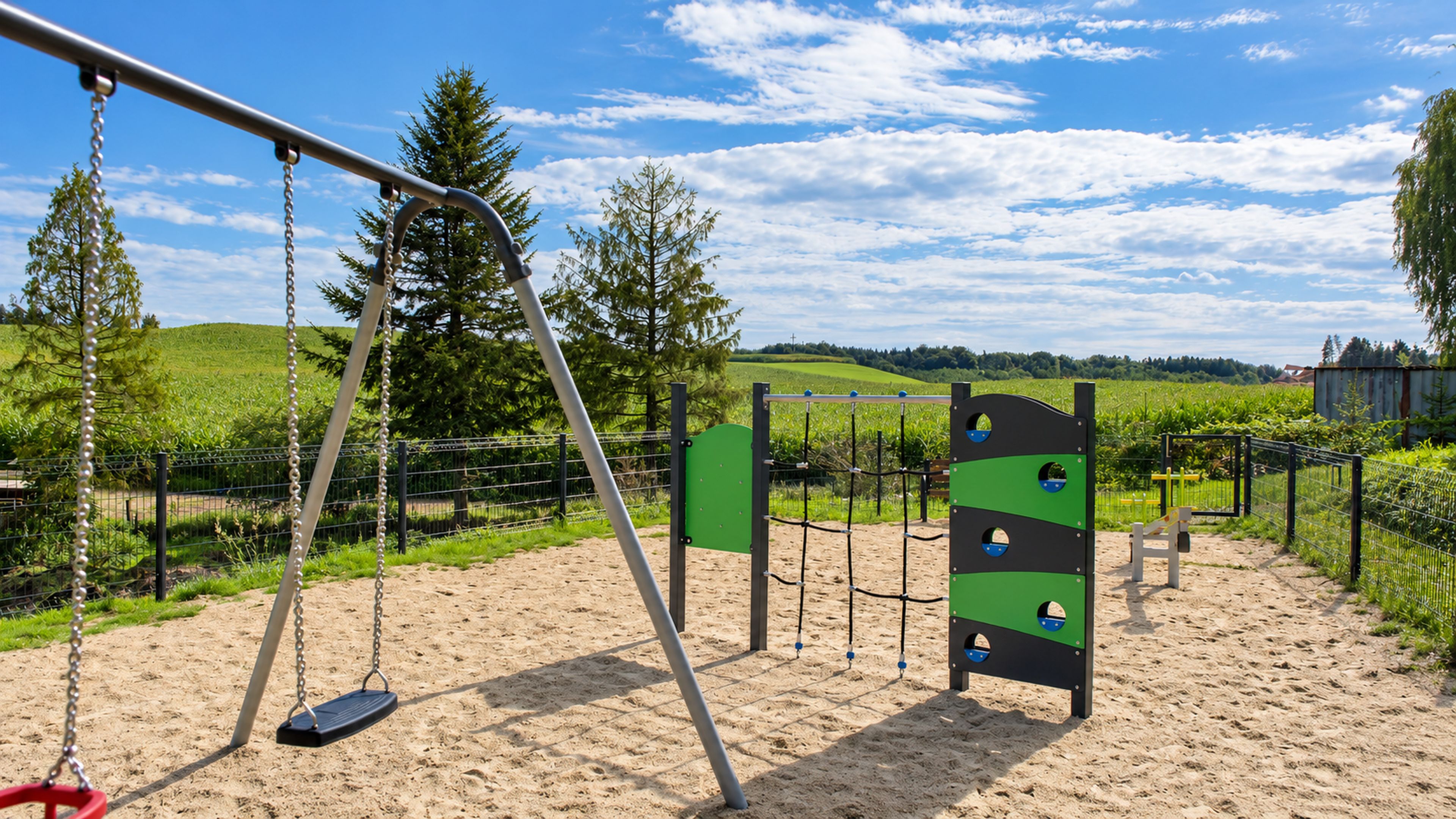 Un terrain de jeux équipé de balançoires et de structures d’escalade, entouré d’une clôture et de verdure.