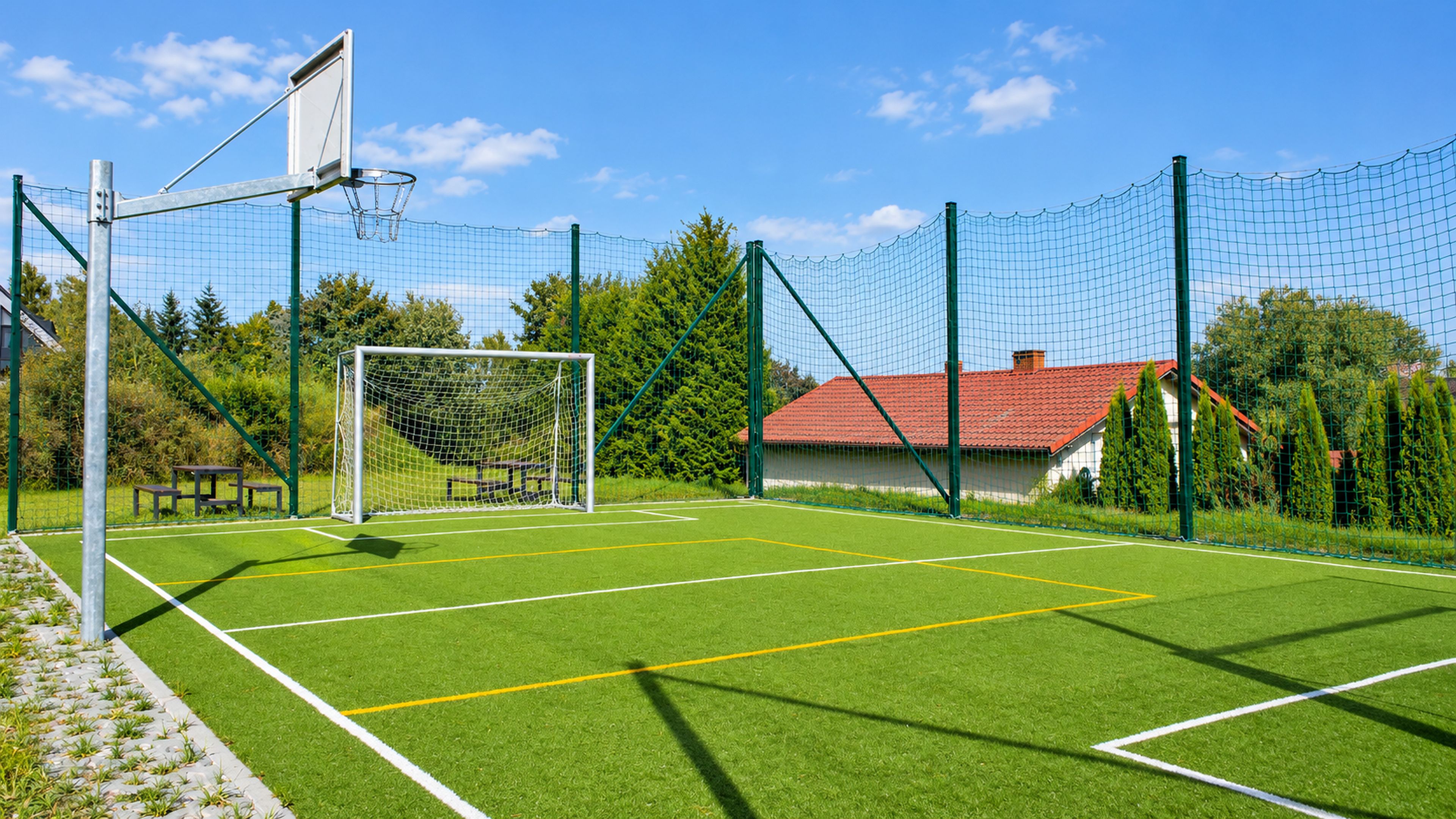 Un campo de fútbol con porterías, una red y un banco.