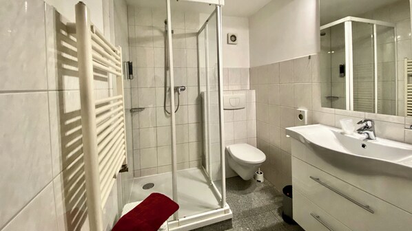 A bathroom with a glass shower enclosure, a toilet, and a sink with a mirror.