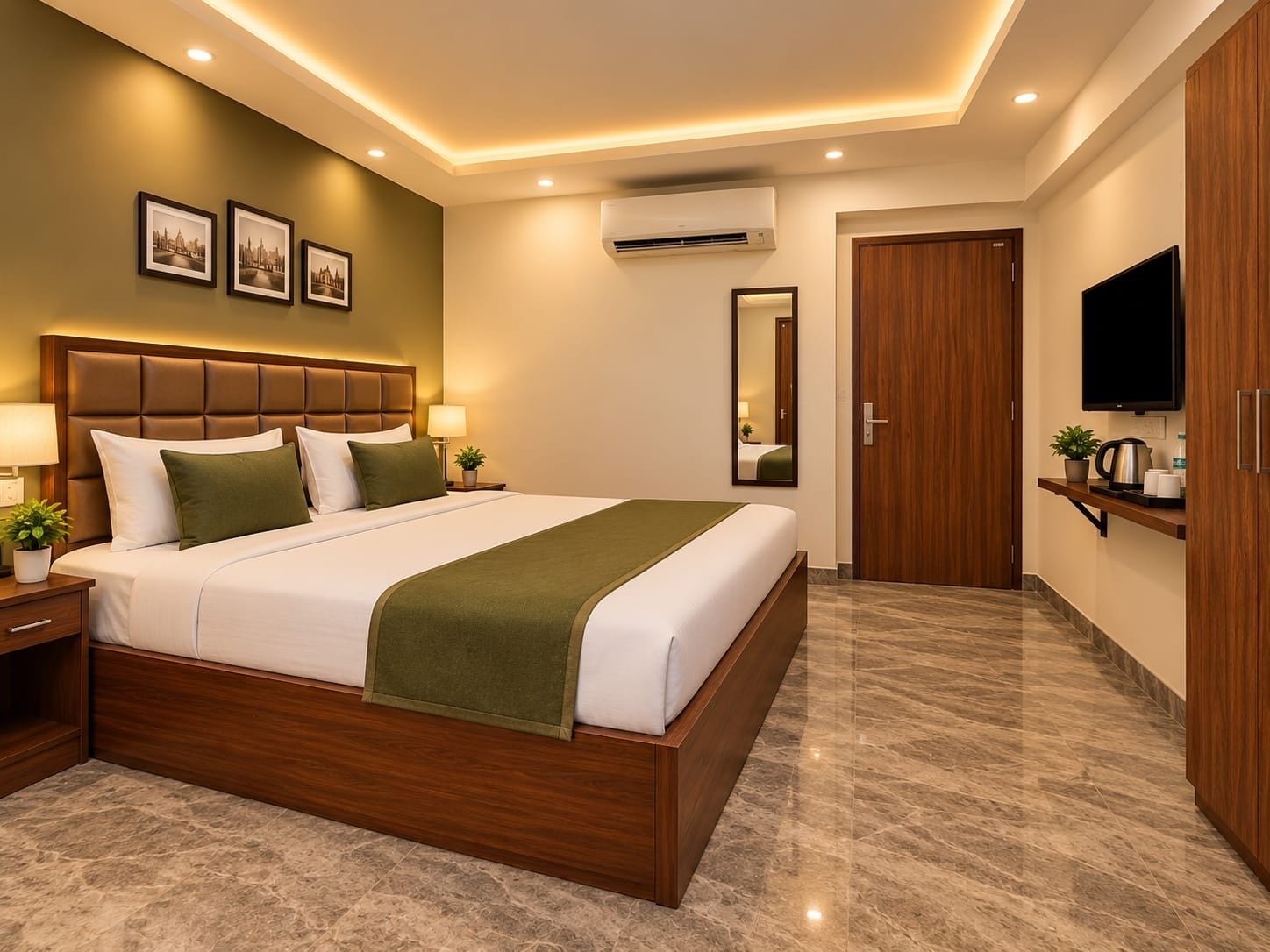 A hotel room with a large bed, bedside tables, a TV, an air conditioning unit, a mirror, and a wooden wardrobe.