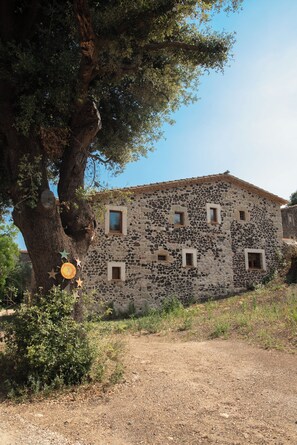 A stone building with multiple windows and a large tree in front.
