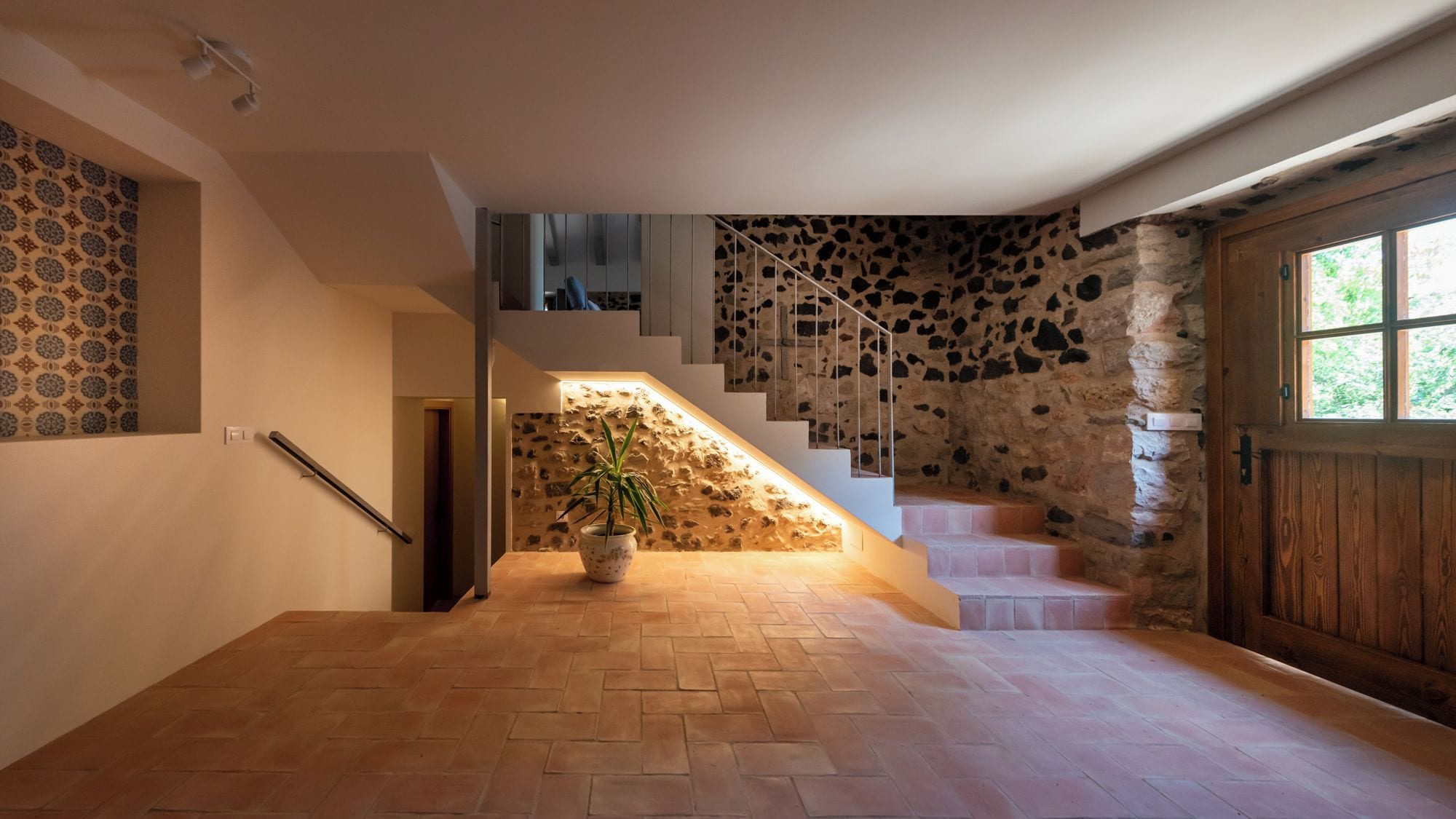Una escalera con pared de piedra, una puerta de madera y una planta en maceta.