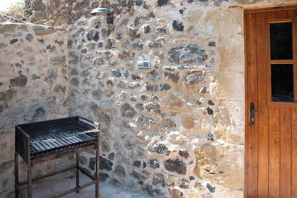 A stone wall with a grill and a wooden door.