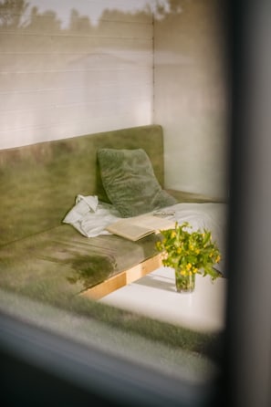 A green sofa with a cushion, a white pillow, a pair of glasses, and a book on a white surface. - Cosy Tiny House by the Water, Close to Nature (Gabrielnia)