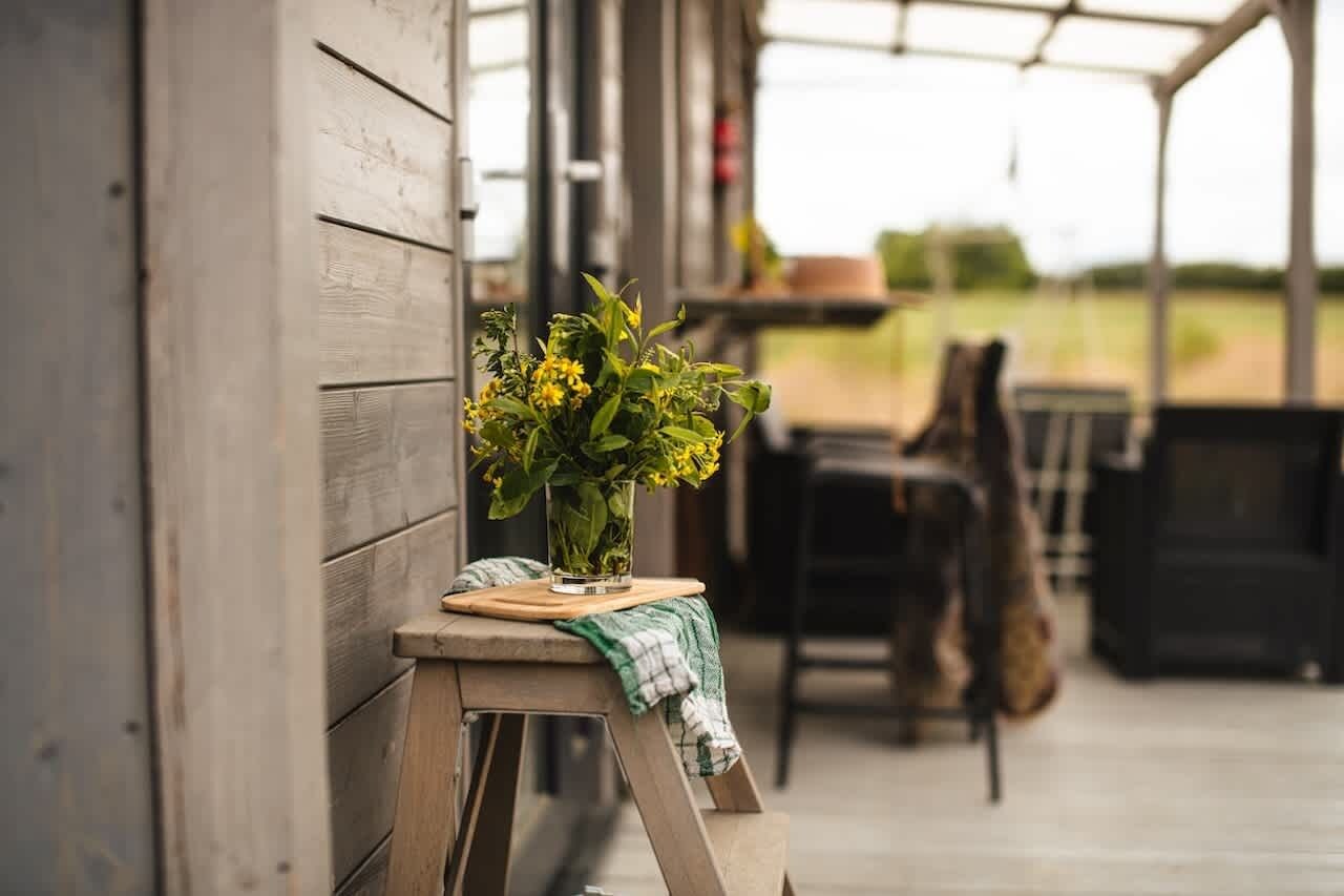 A wooden bench with a potted plant on a wooden stool outside a building.