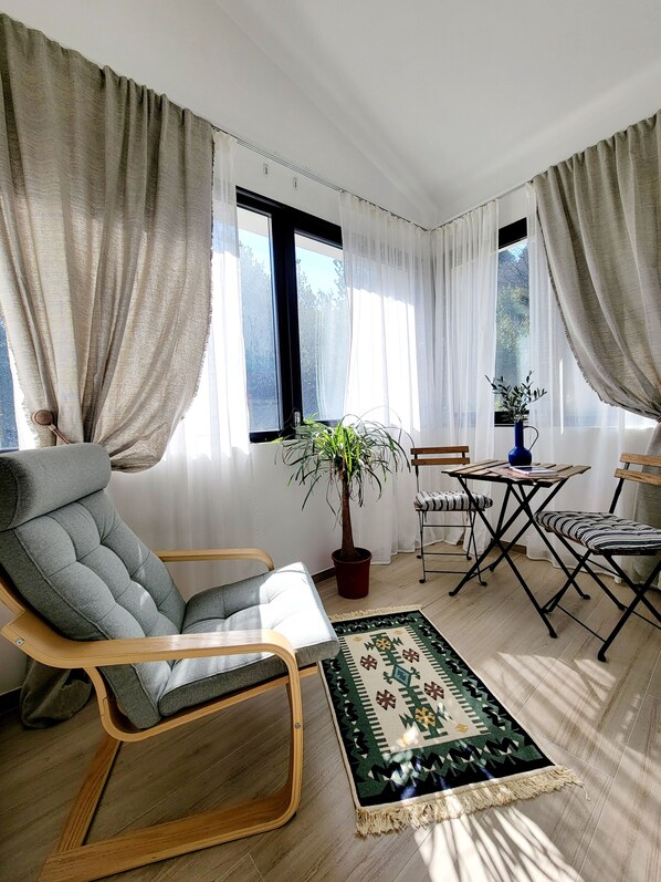 Ein Zimmer mit einem Holzstuhl, einem kleinen Tisch mit einer Topfpflanze und einem gemusterten Teppich auf Holzdielen.
