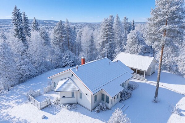 A snow-covered house with a sloped roof, surrounded by trees.