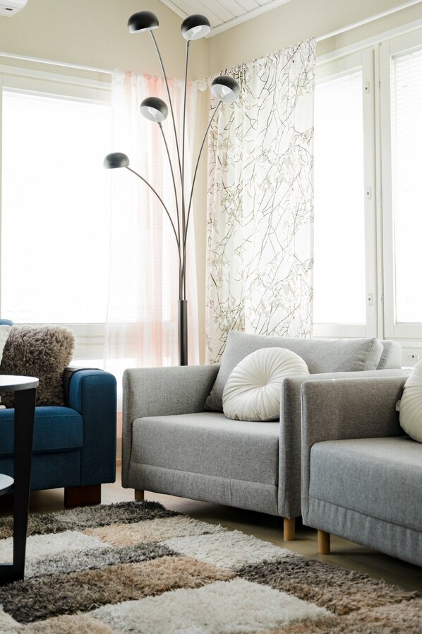 A living room with a grey sofa, a blue armchair, and a patterned rug.