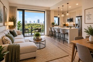 Eine moderne Wohnung mit Wohnzimmer, Essbereich, Küche und einem Balkon mit Blick auf die Stadt.