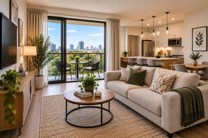 Ein modernes Wohnzimmer mit einer Couch, einem Couchtisch und Blick auf die Stadt durch große Fenster.
